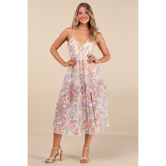 NWT Lulus Mahryn Beige 3D Floral Embroidered Midi Bodysuit Dress Fairycore M - Picture 1 of 8